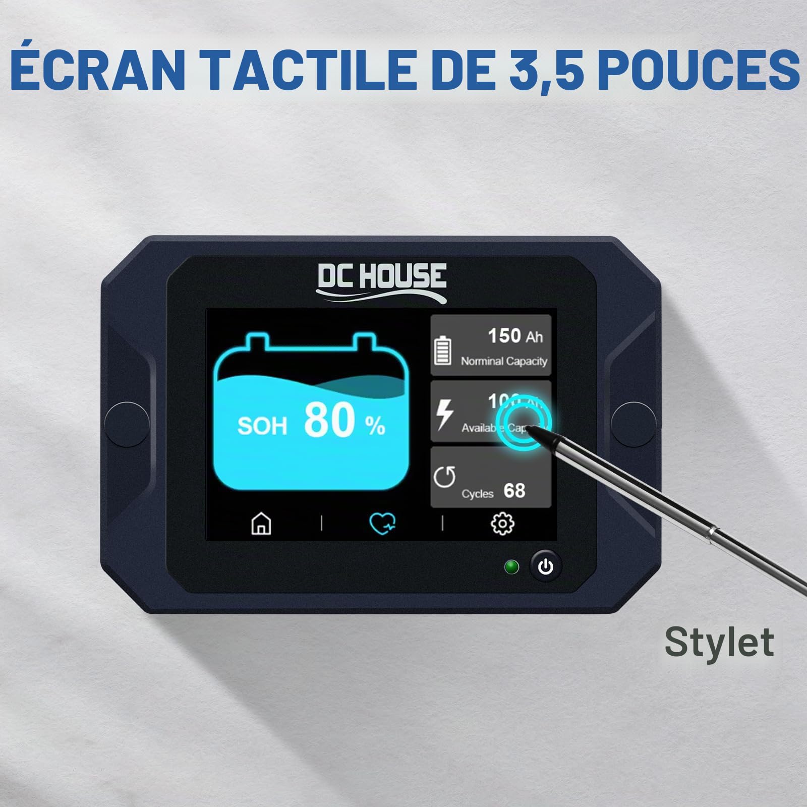DCHOUSE Moniteur de Charge et de décharge avec capteur Hall Tactile, 0-80V 300A Moniteur de Batterie pour Batterie Li-Ion/LiFePO4/AGM/gel, Tension de Courant, testeur de capacité de Batterie