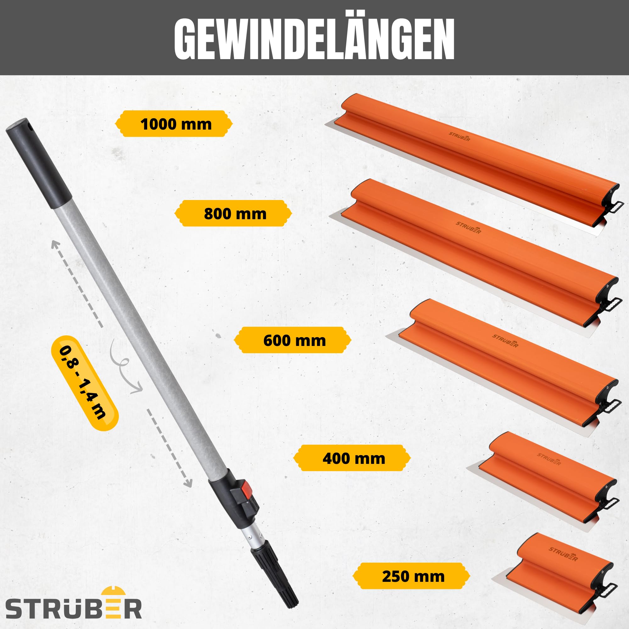 STRÜBER Flächenspachtel Set im Koffer- 5 x Flächenspachtel (250mm, 400mm, 600mm, 800mm, 1000mm) - Ergonomischer Z-Griff - Teleskopstange + Adapter - Rollspachtel - Made in EU