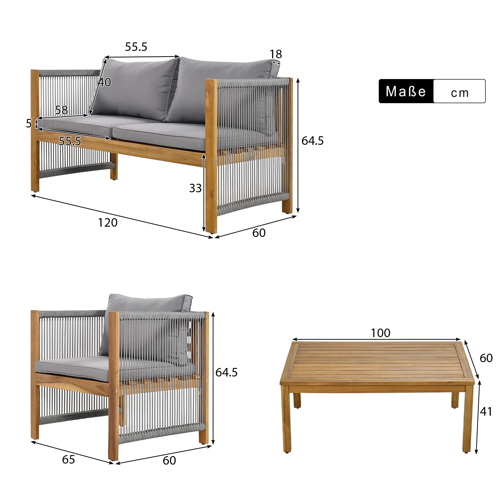 Kayan Set di mobili da giardino in polyrattan per 4 persone, set di mobili da terrazza con comodi cuscini, set di mobili da terrazza, divano doppio, 2 poltrone e tavolo, grigio