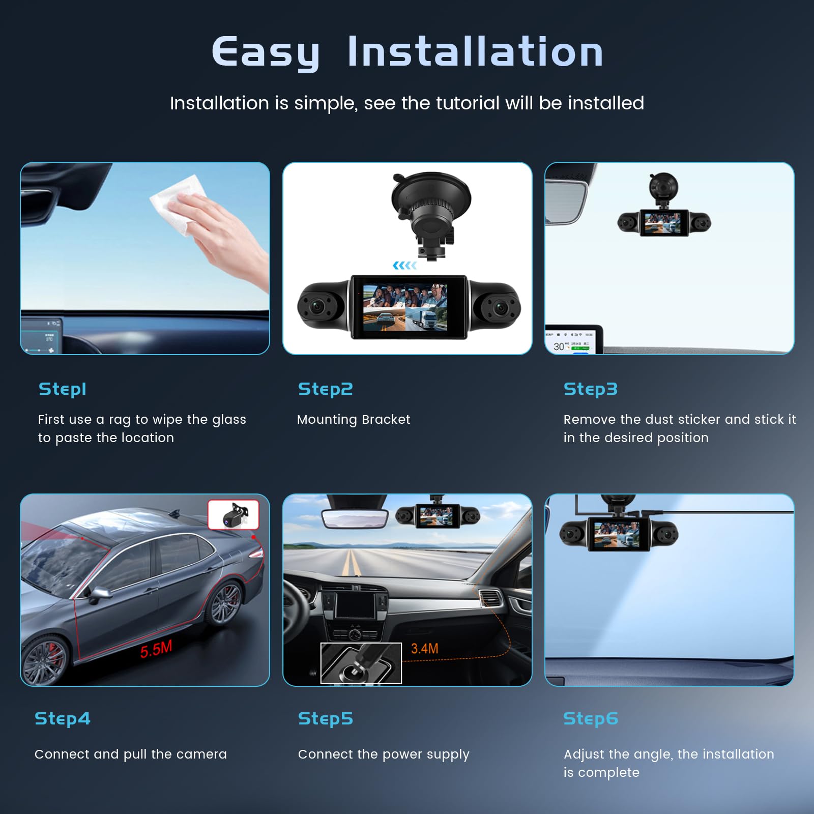 Hikity 4 Canales Dash CAM, WiFi Dash CAM 2K Delantero y 1080P Trasero Interior Izquierdo Derecho, Cámara de Coche con 64GB, G-Sensor, Grabación en Bucle, Visión Nocturna,24h-Monitor de Aparcamiento