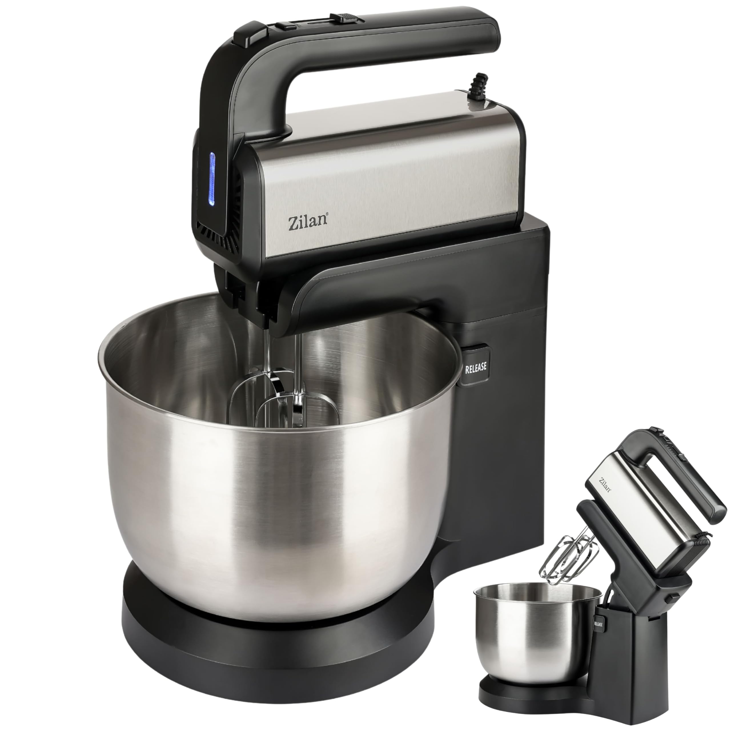 Handmixer mit Rührschüssel 500W – Elektrischer Handrührer mit 3,5 L Edelstahl-Schüssel Knetmaschine automatischer Rotation, 5 Stufen, Turbo 2x Rührhaken & Knethaken Küchenmixer Teigknetmaschine