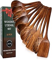 Vista 9 de Juego de utensilios de madera de teca 100% natural, 6 cucharas de cocina duraderas para cocinar, antiadherentes y resistentes al calor, ecológico