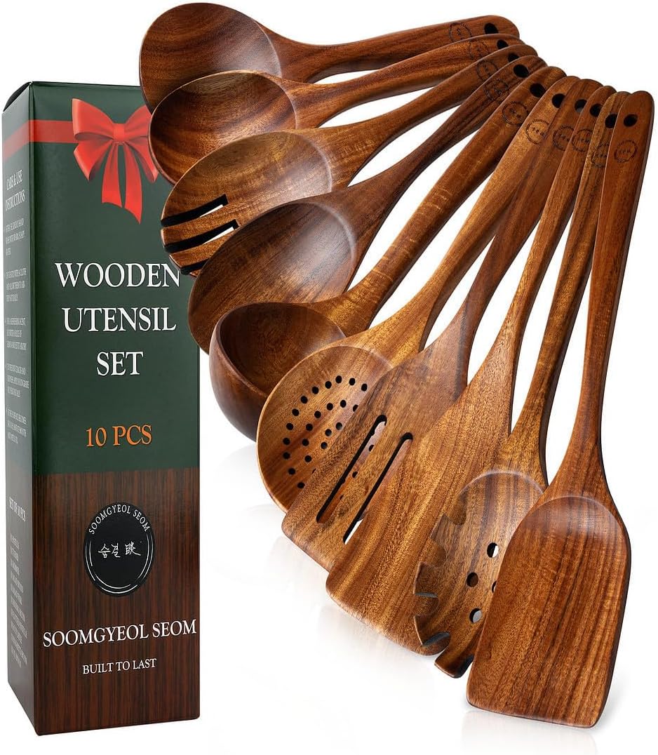 10-Piece Natural Teak Wood Utensil Set - Nonstick Cooking Spoons & Spatulas, Heat Resistant Kitchen Tools