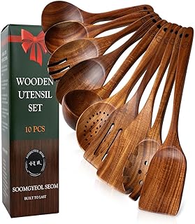 Natural Teak Wood Kitchen Utensil Set - 10 Piece Non-Stick Cooking Spoons & Spatulas, Heat Resistant & Eco-Friendly, Durable Wooden Tools for Nonstick Cookware
