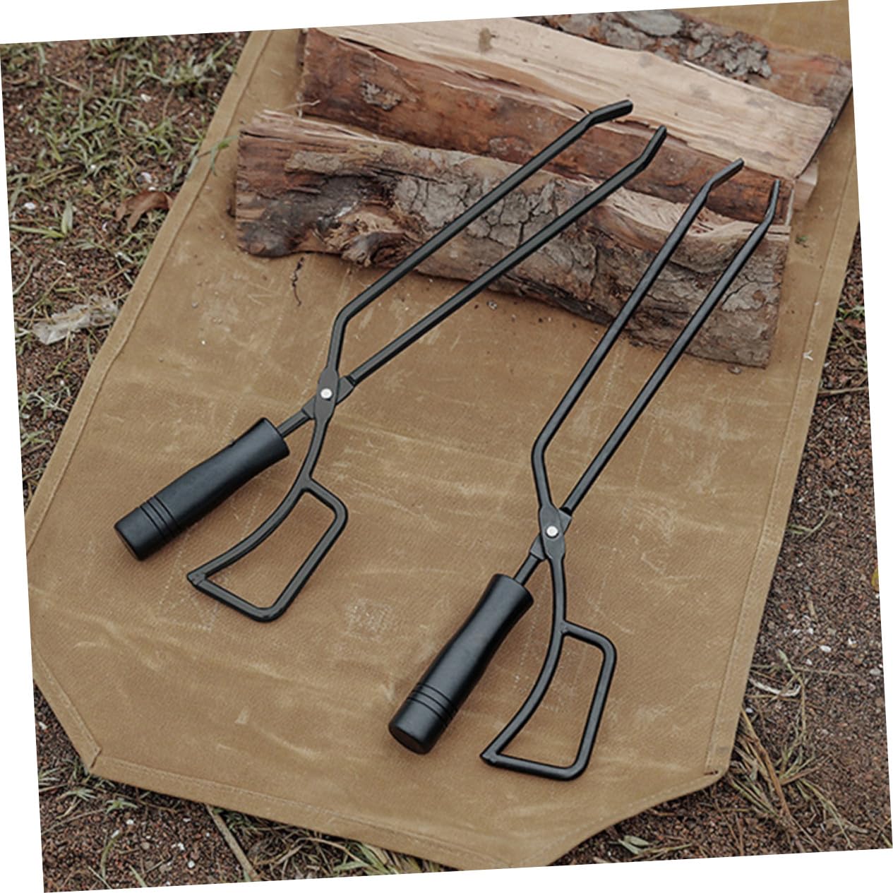 Pinzas largas de carbón para barbacoa, mango de madera resistente al calor, ideal para asar al aire libre y camping, construcción de hierro resistente para un manejo seguro y fácil