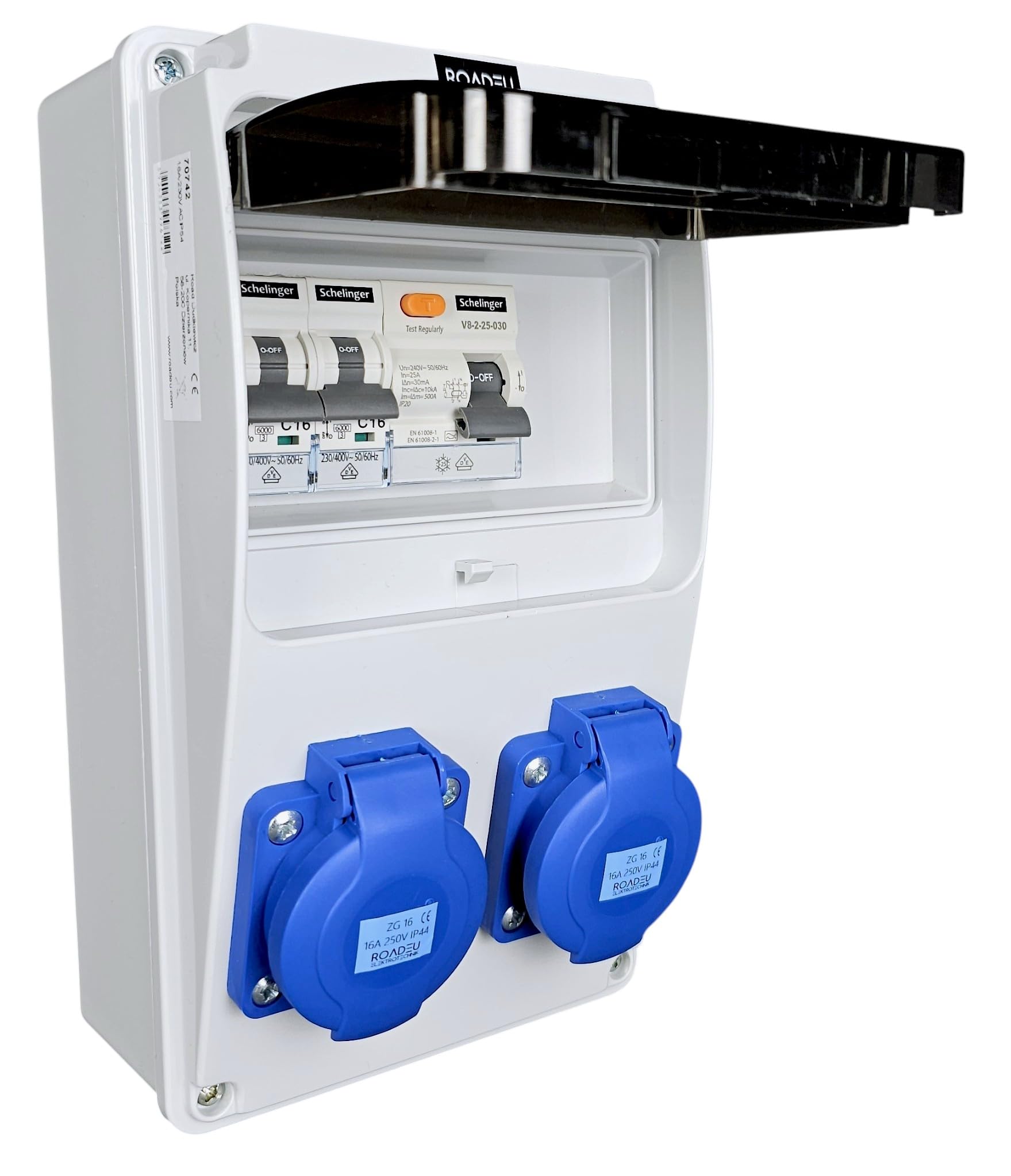 RoadEu - Stromverteiler 230V. 2x Schuko Steckdose mit Sicherungsautomat 16A. Baustromverteiler 16A mit FI Schalter. Steckdosen integriert mit Sicherungskasten. IP54 Wandverteiler - Aussen Wasserdicht