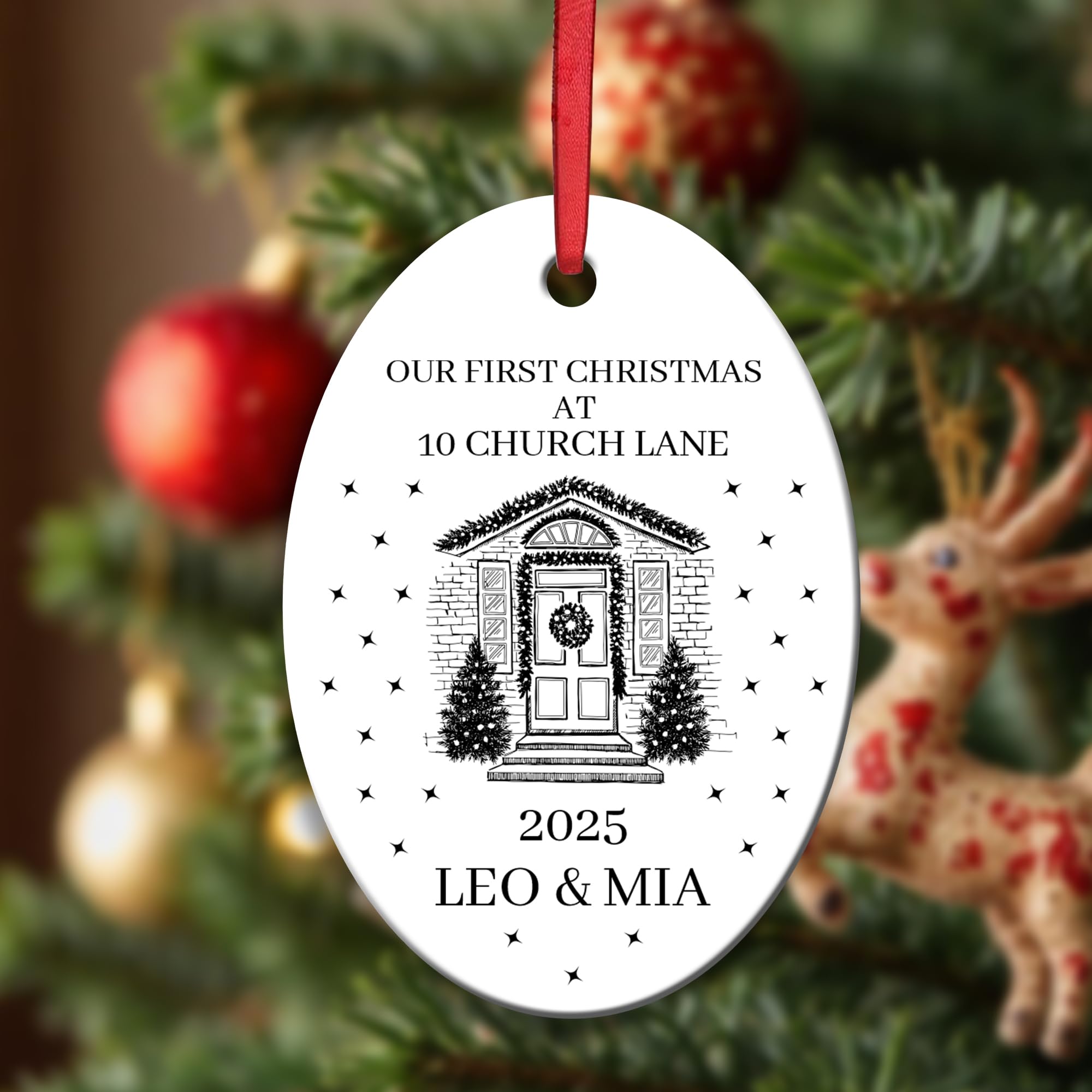 KreateSquare Personalised Christmas Baubles First Christmas at New House Tree Shape Ceramic Tree Decoration Hanging Xmas Bauble Balls | Piece of Heart for Your Christmass Trees Where Memories Sparkles