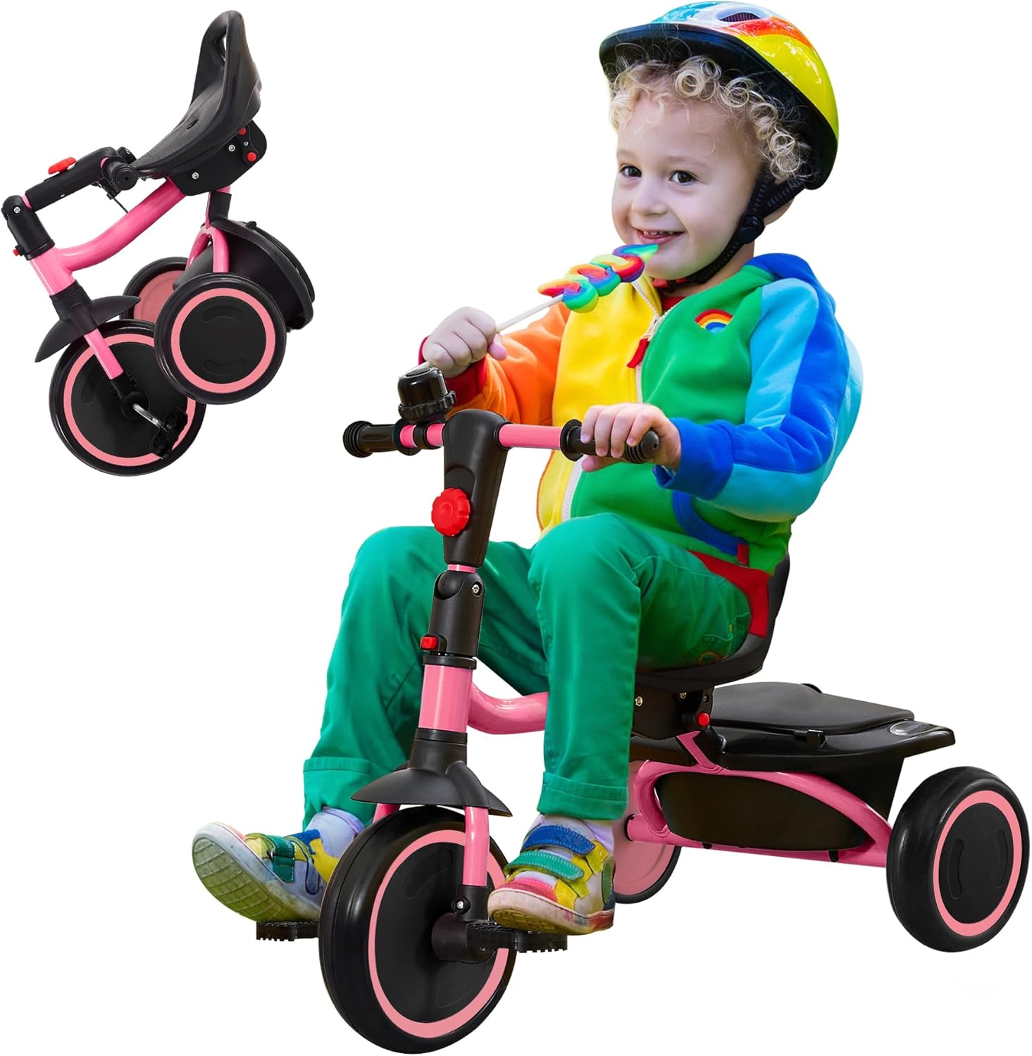 Toddler Tricycle, Kids Tricycle with Bell, Foldable Kids Trike for Age 18 Months to 5 Years, Baby Trike with Adjustable Seat, Gift for Boys and Girls, Pink