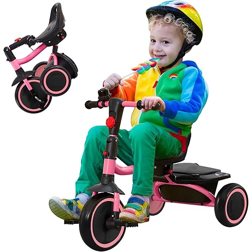 Toddler Tricycle, Kids Tricycle with Bell, Foldable Kids Trike for Age 18 Months to 5 Years, Baby Trike with Adjustable Seat, Gift for Boys and Girls, Pink