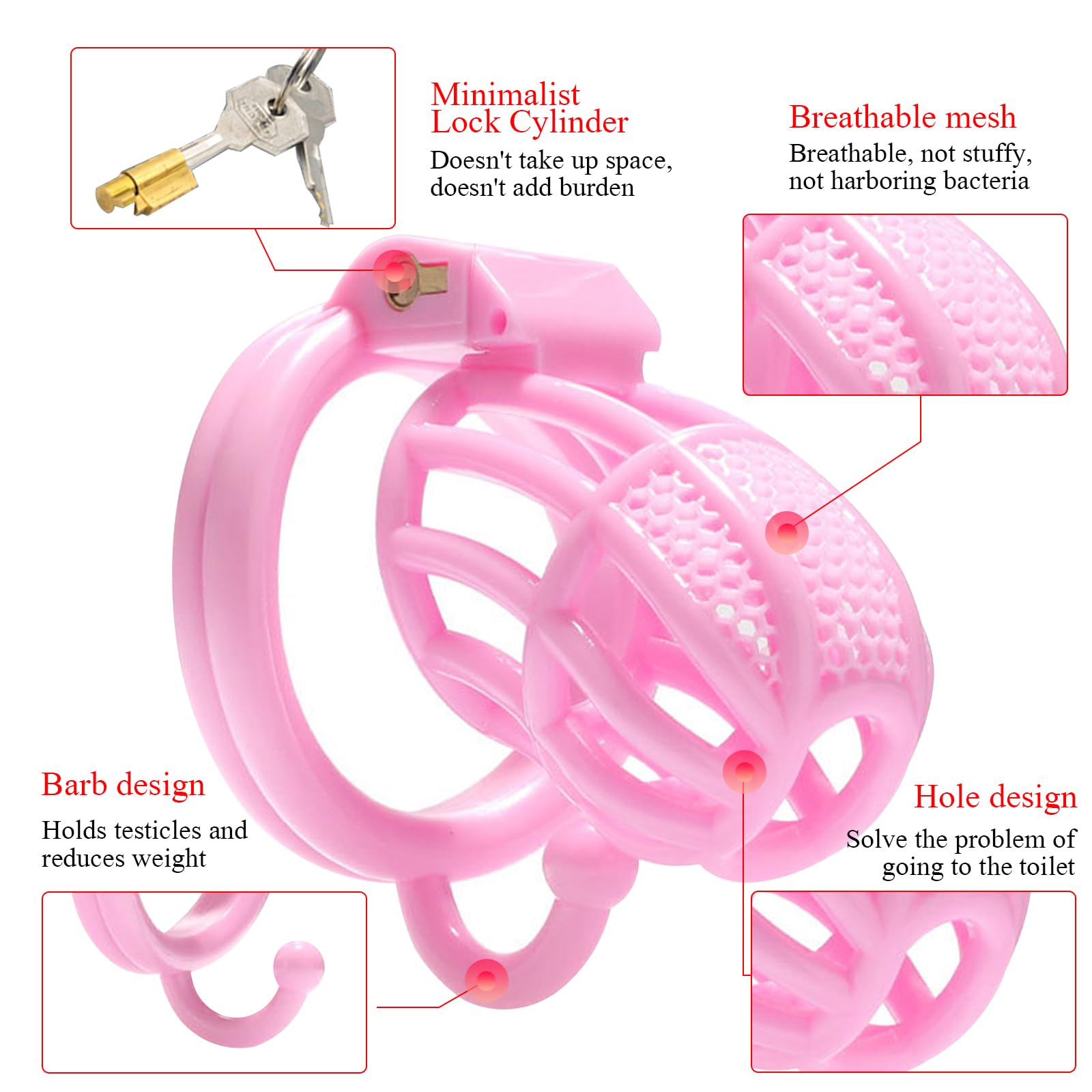 BDSMJOY Chastity cage con Gancio per massaggio testicolare, gabbia pene con 4 Anelli per il Pene Rimovibili, cock cage per Prevenire L'erezione (Rosa)