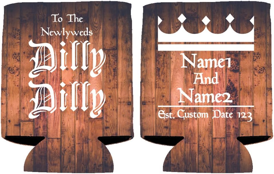VictoryStore Can and Beverage Coolers - Custom Wedding Can Cooler, "To The Newlyweds Dilly Dilly"