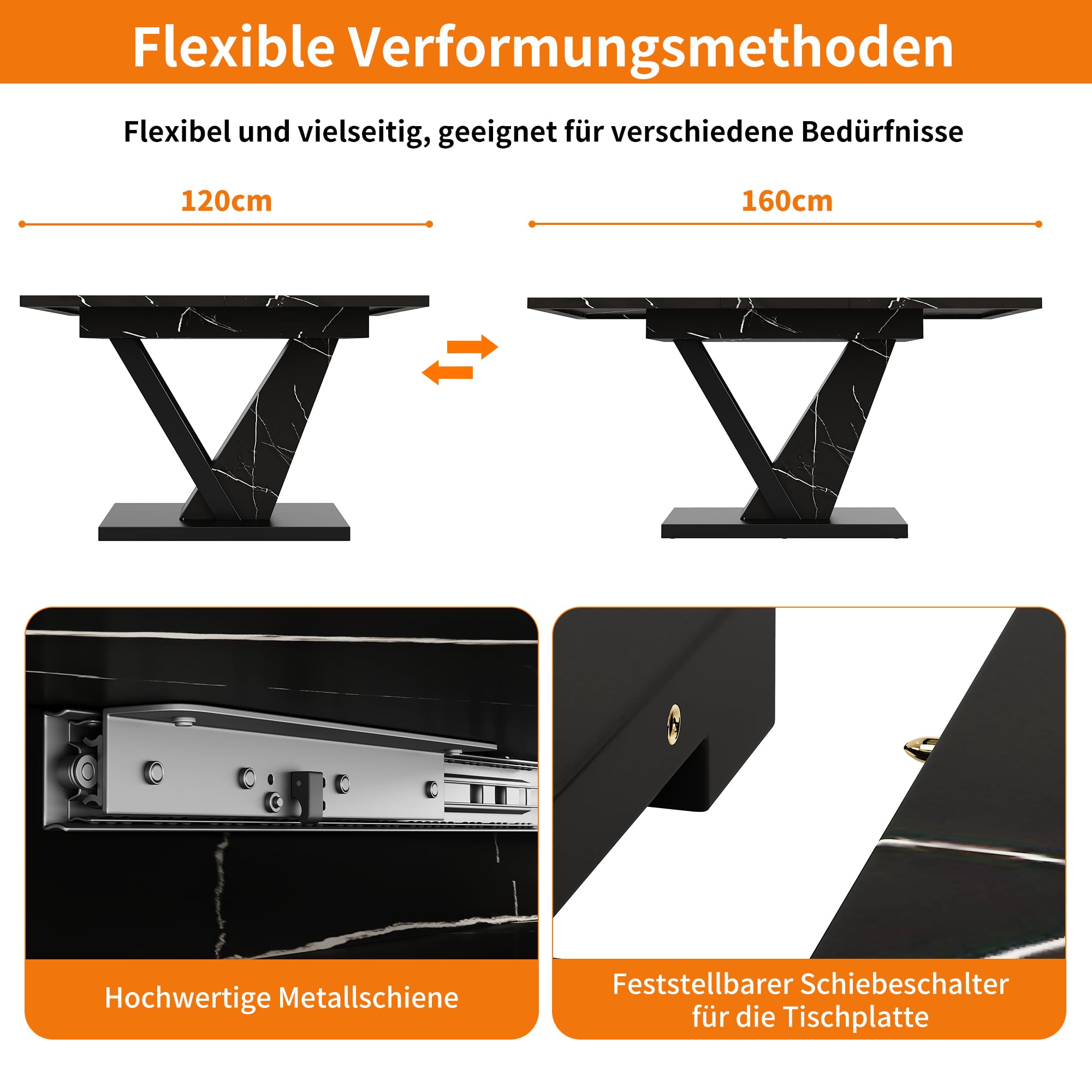 Esstisch Teleskoptisch (120-160 * 75cm), Tisch,mit Hilfe Innenliegender Einlegeplatten auf 120-160cm Ausziehbar, Esstisch mit Schwarzem Marmormuster