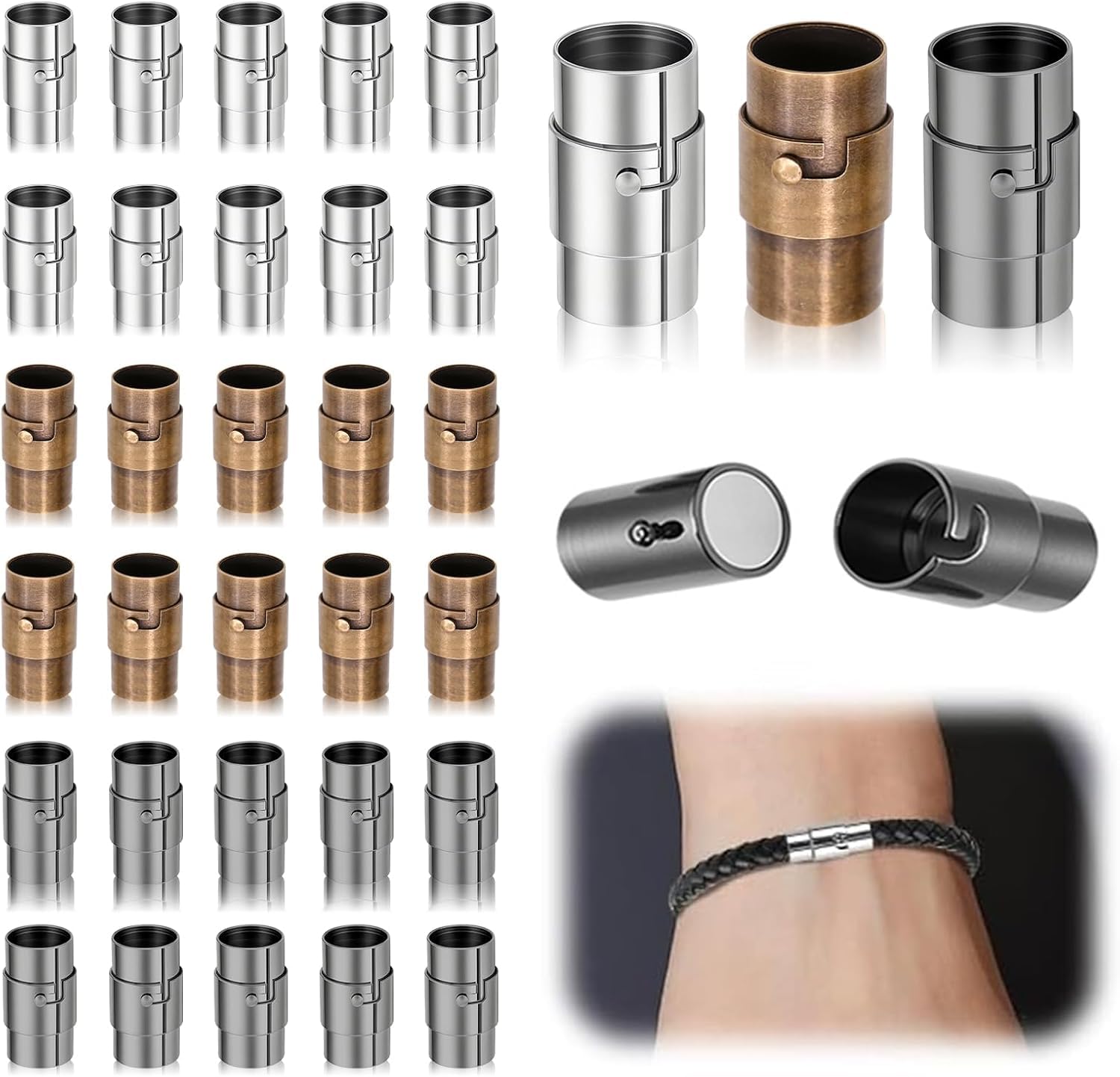 MOAMUN 30 stuks armbandgespen voor het maken van sieraden, magnetische kettinggespen met hoge stijfheid, duurzame armbandgesp van leer, benodigdheden voor het maken van sieraden, 3 kleuren (5mm