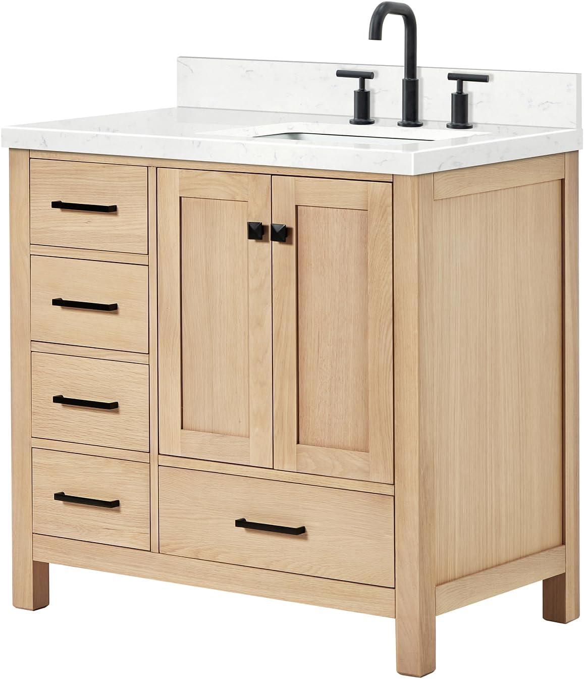 ARIEL Cambridge 36-inch Bathroom Vanity with Sink,Solid Wood, 1.5-inch Carrara White Quartz Countertop, Single Rectangular Porcelain Sink, 2 Soft Closing Doors, 5 Dovetail Drawers, White Oak