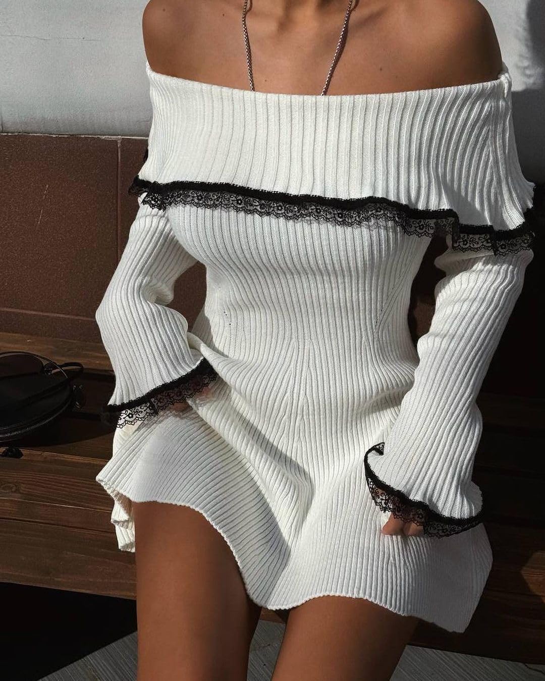 chouyatou Women's Off The Shoulder Bell Long Sleeve Sweater Mini Dress Lace Trim Bodycon Ribbed Knit Sweater Dress - Image 2