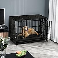 Vista 2 de LEMBERI - Jaula para perro indestructible y resistente de 48/38 pulgadas, a prueba de escapes con ruedas bloqueables, doble puerta para evitar