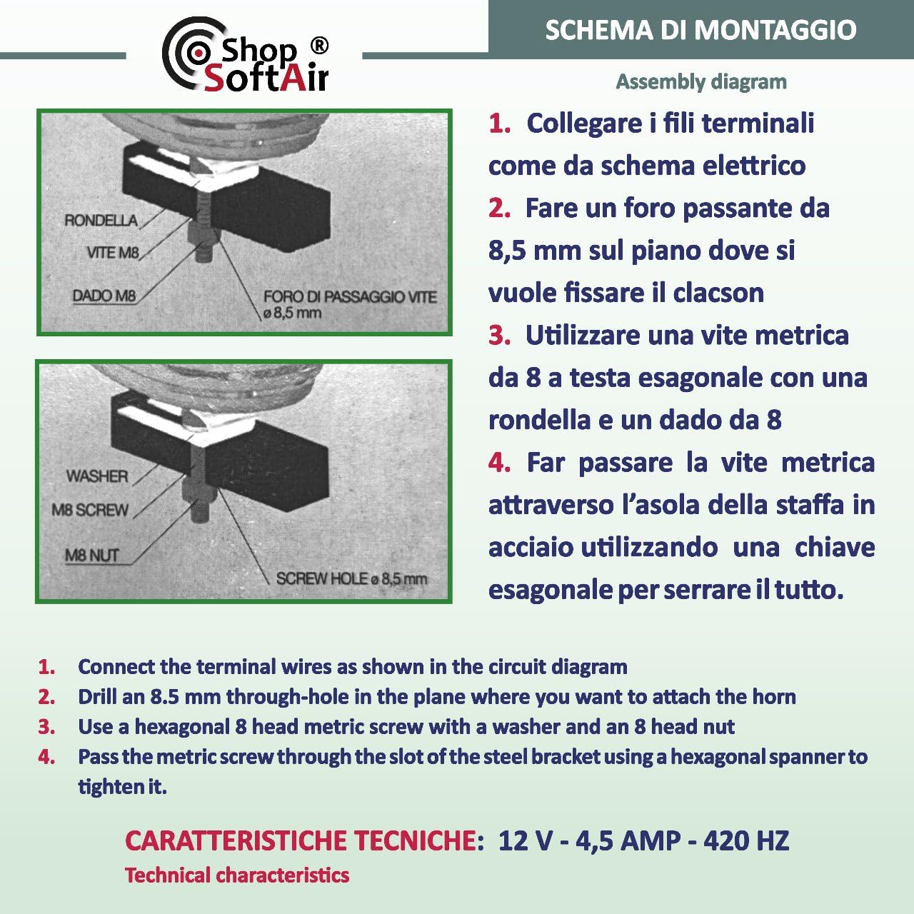 Tromba Elettrica Nautica Nera o Bianca 12v ABS per Barca o Gommone con Staffa e Viteria in Acciaio Inox