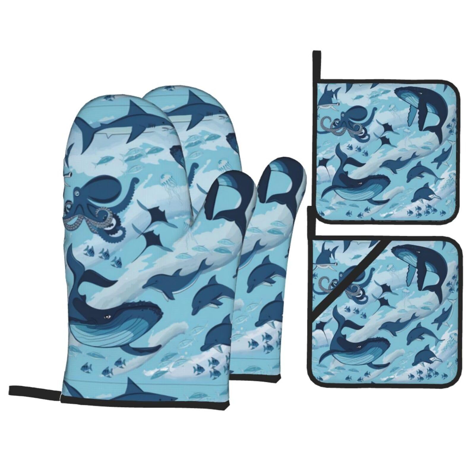 WHJSHOP Fish and Octopus Prints Kitchen Baking Throw Set with Heat Resistance, Waterproof Oven Mitts & Pot Holders for Cooking, Grilling & Handling Hot Dishes