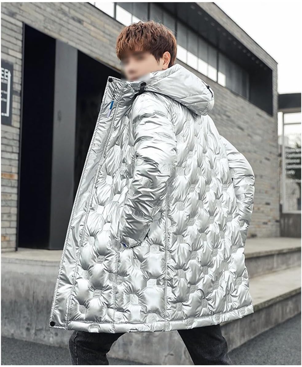 Men's Winter Long Down Jacket Hooded Thicken Warm Puffer Coat Silver Shiny Water-Repellent Windproof Parkas