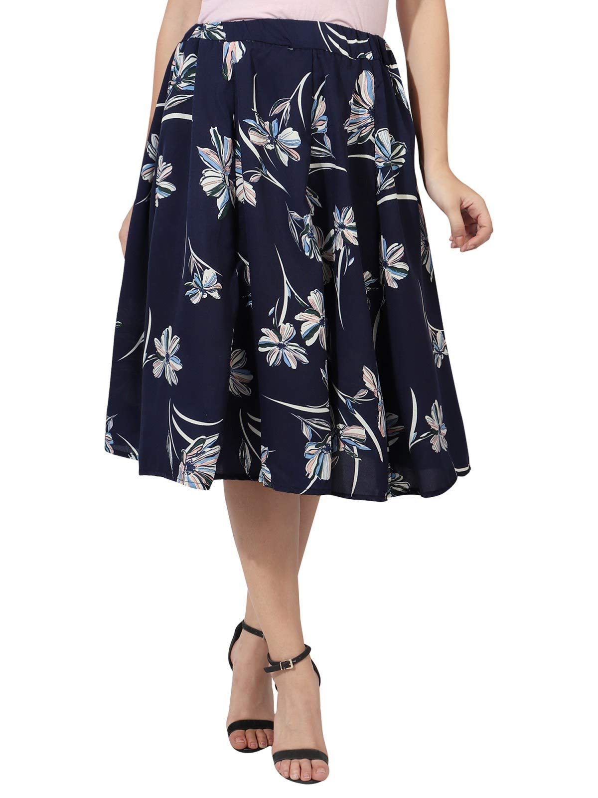 Mannat Diva Navy Blue White Flower Print Mid Calf Length Women Panel Polyester Skirt-image-9