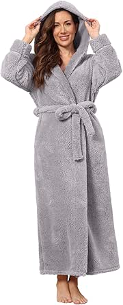 Hellomamma Long Hooded Robe for Women Luxurious Flannel Fleece Full Length Bathrobe Winter Warm Pajamas Shower Nightgown