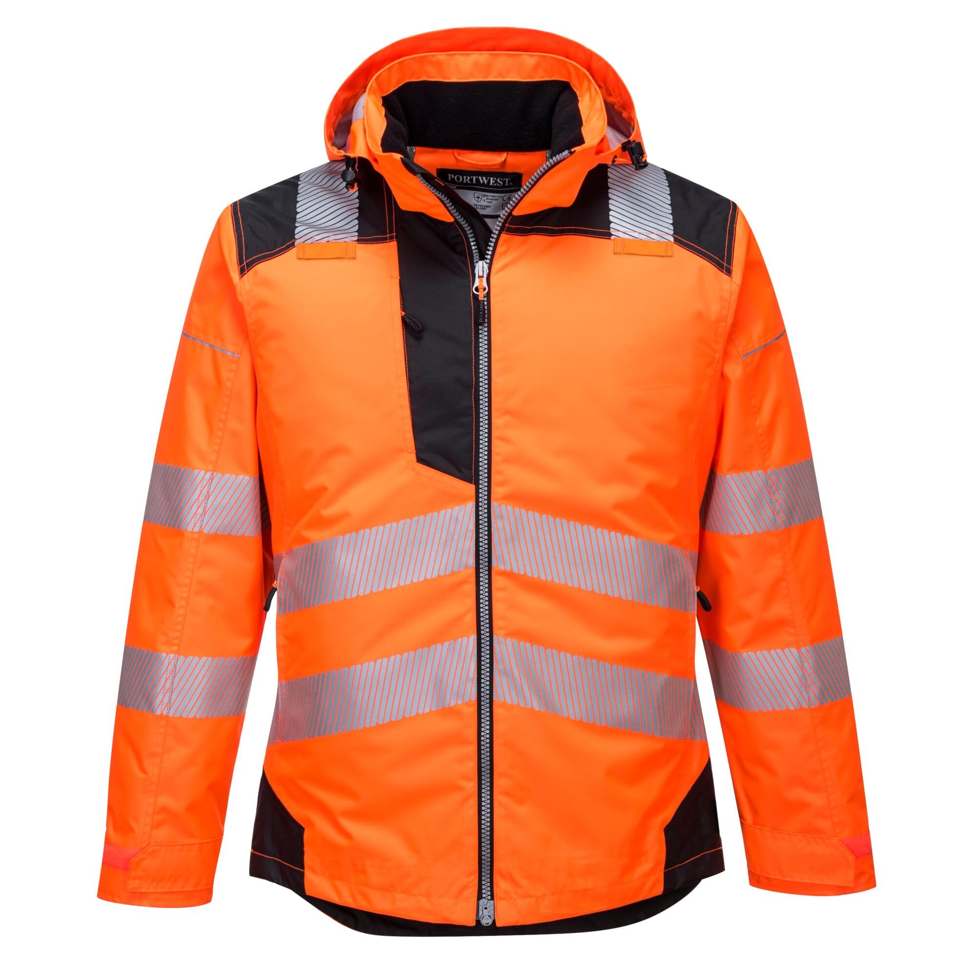 Portwest PW3 T400 Mens Hi Vis Hooded Work Jacket Waterproof Lightweight Quilt Lined Thermal Winter Safety Coat 300D Oxford Reflective Tape for Construction Rail Utility, Orange/Black, XL