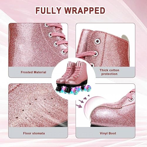 Miniatura 7 de XUDREZ Patines holográficos de piel sintética para mujer, patines holográficos de doble fila, cuatro ruedas brillantes para mujeres, hombres, niños