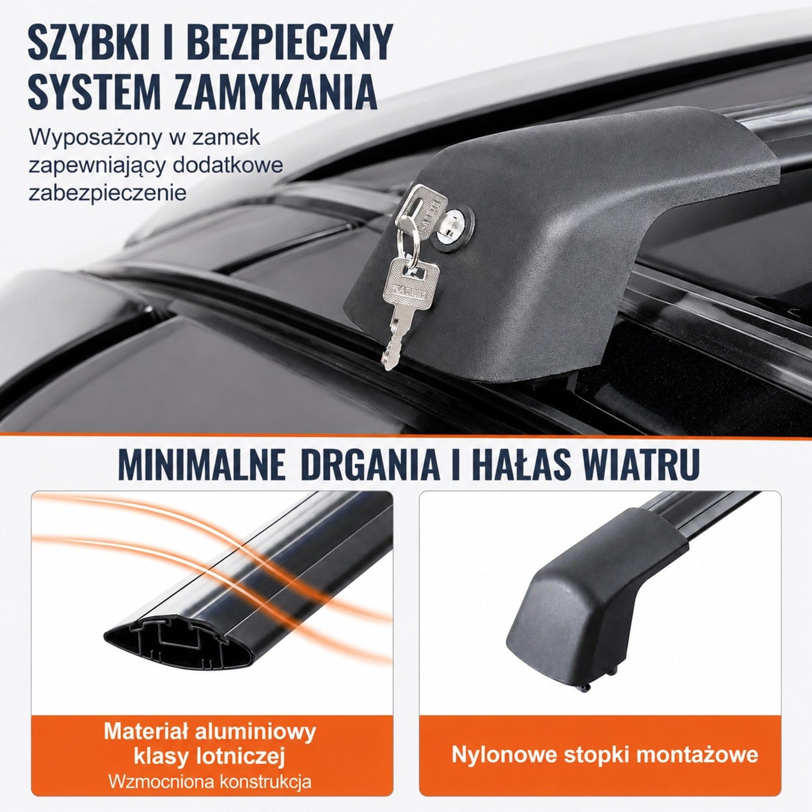 Aluminiowe belki poprzeczne na dach auta, 2 szt, czarne, do podniesionych relingów z przerwą, z zamkiem i kluczami