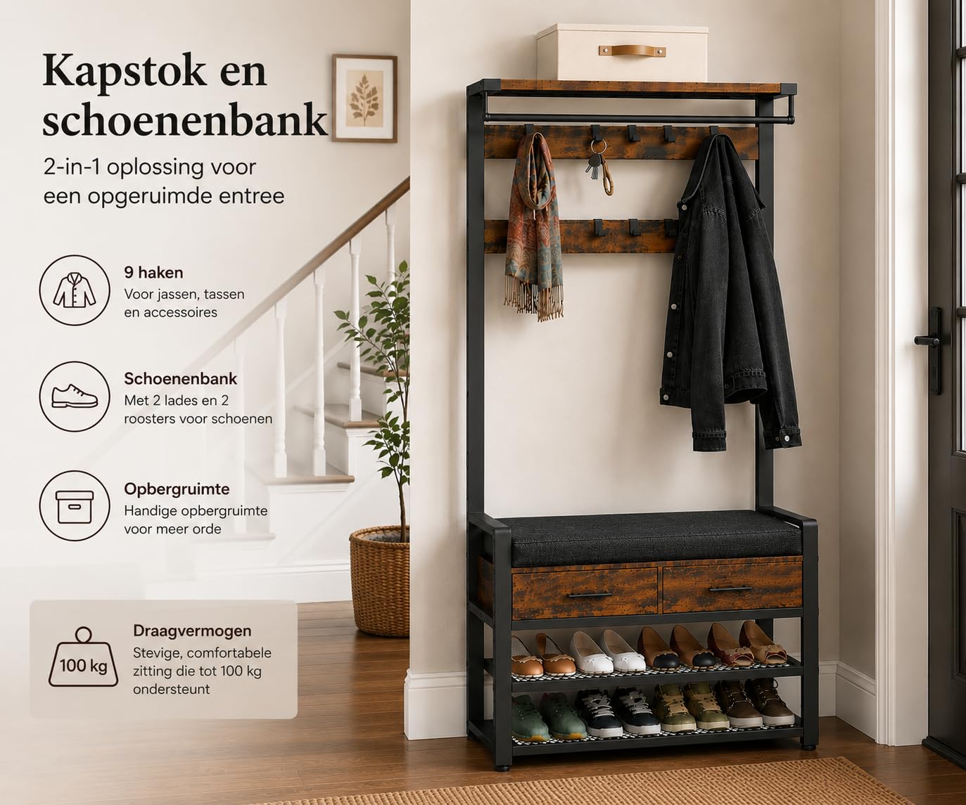Garderobe mit Sitzbank und Schuhregal – mit 2 Schubladen - Garderobenständer mit Kleiderstange, 8 Doppelhaken, 2 Schubladen und Schuhablage – Flurgarderobe mit Sitzfläche 80 x 32 x 181 cm