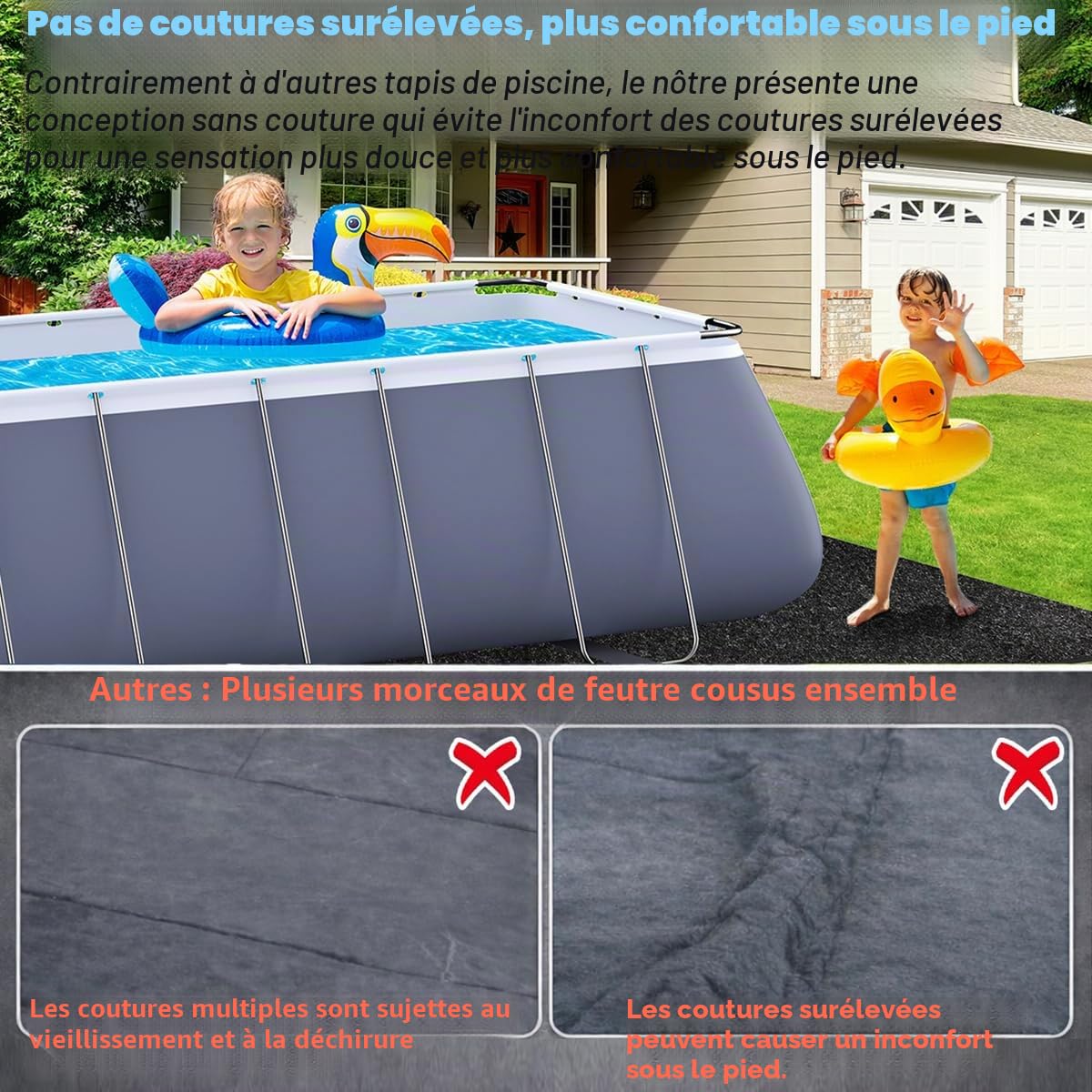 Tapis de piscine rectangulaire extra-épais pour piscine hors sol, 1,98 x 3,05 m, confort sans couture sous les pieds, tapis en fibre synthétique noire de qualité industrielle résistant aux