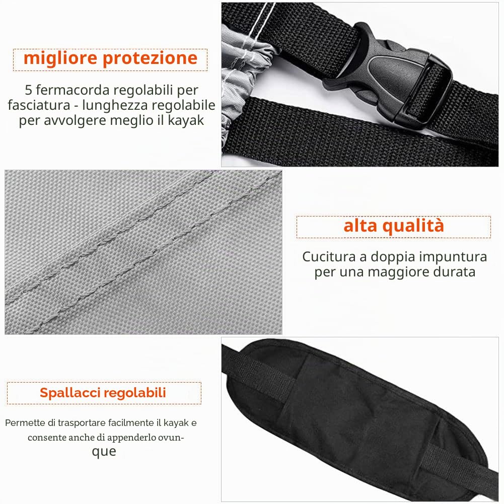 Copertura per Kayak, 420D Impermeabile Protezione UV Copertura Kayak Canoa con Bande e Spallacci Regolabili per Barca da Pesca/Kayak/Canoa/Scheda da Paddle (3.1~3.5m/10.2ft~11.4ft)