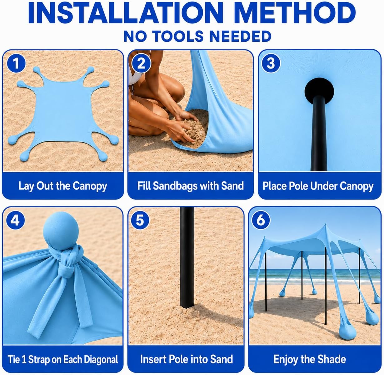 Beach Tent Sun Shelter 10x10 FT Beach Canopy Tent Sun Shade with 8 Sandbags, UPF 50+ Protection Sunscreen Beach Canopy, Outdoor Beach Shade for Sand, Camping Trip, Fishing, Backyard Fun Picnics