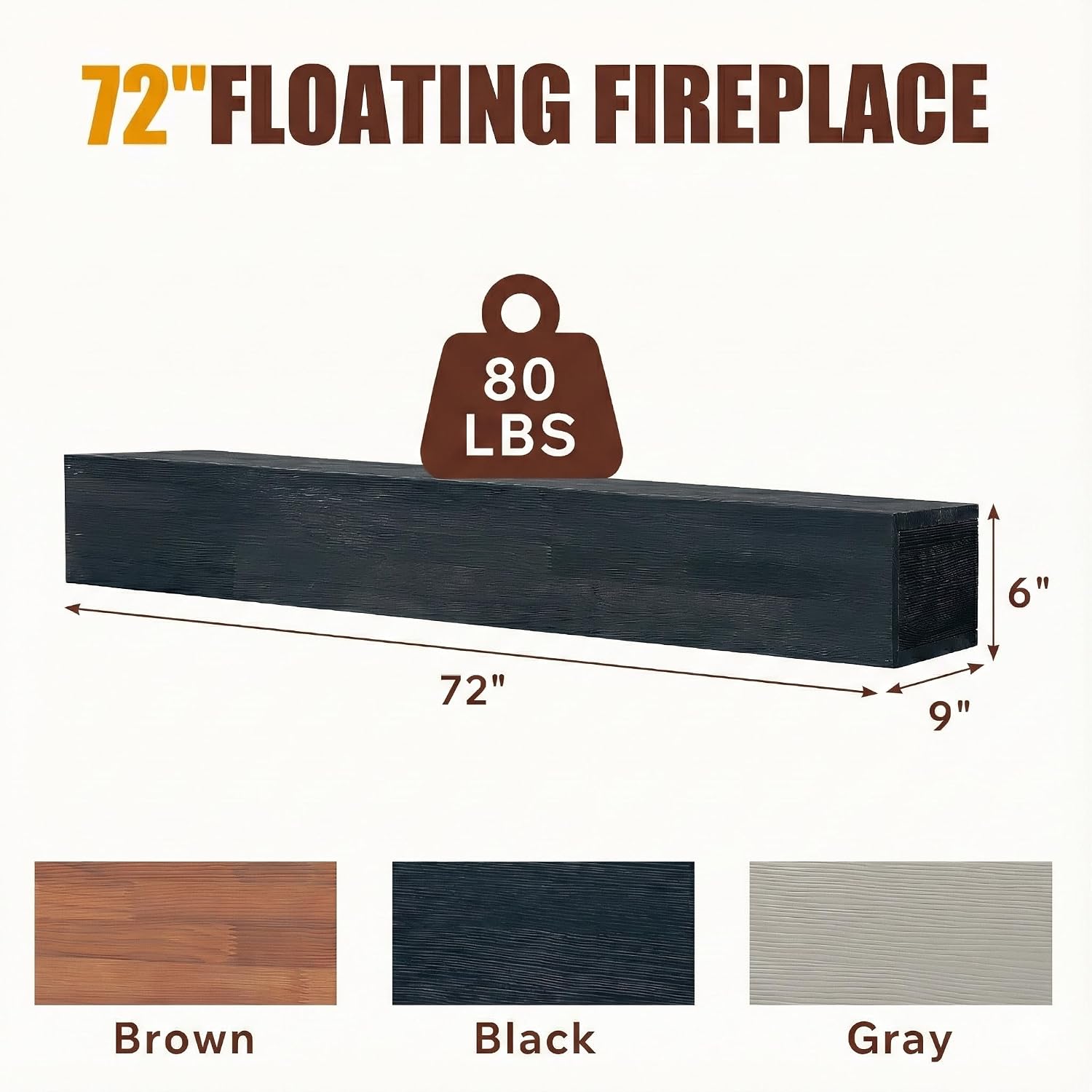 72 Inch Rustic Wood Fireplace Mantel Shelf, Black Solid Cedar Floating Wall-Mounted Shelf for Home Decor, Farmhouse Mantle for Living Room Kitchen