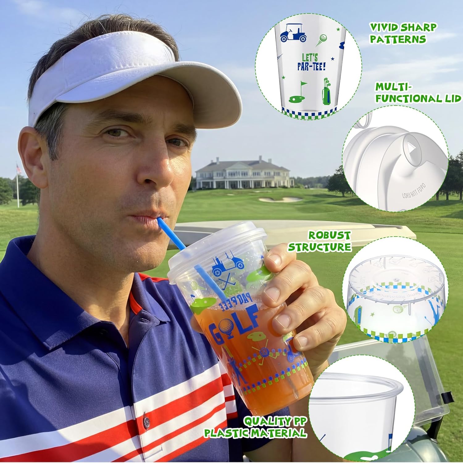 Remerry 50 Sets Golf Party Cups with Lids and Straws - 17 Oz Plastic Blue and Green Clear Cups Bulk for Birthday Party Baby Shower Theme Events Decorations Supplies