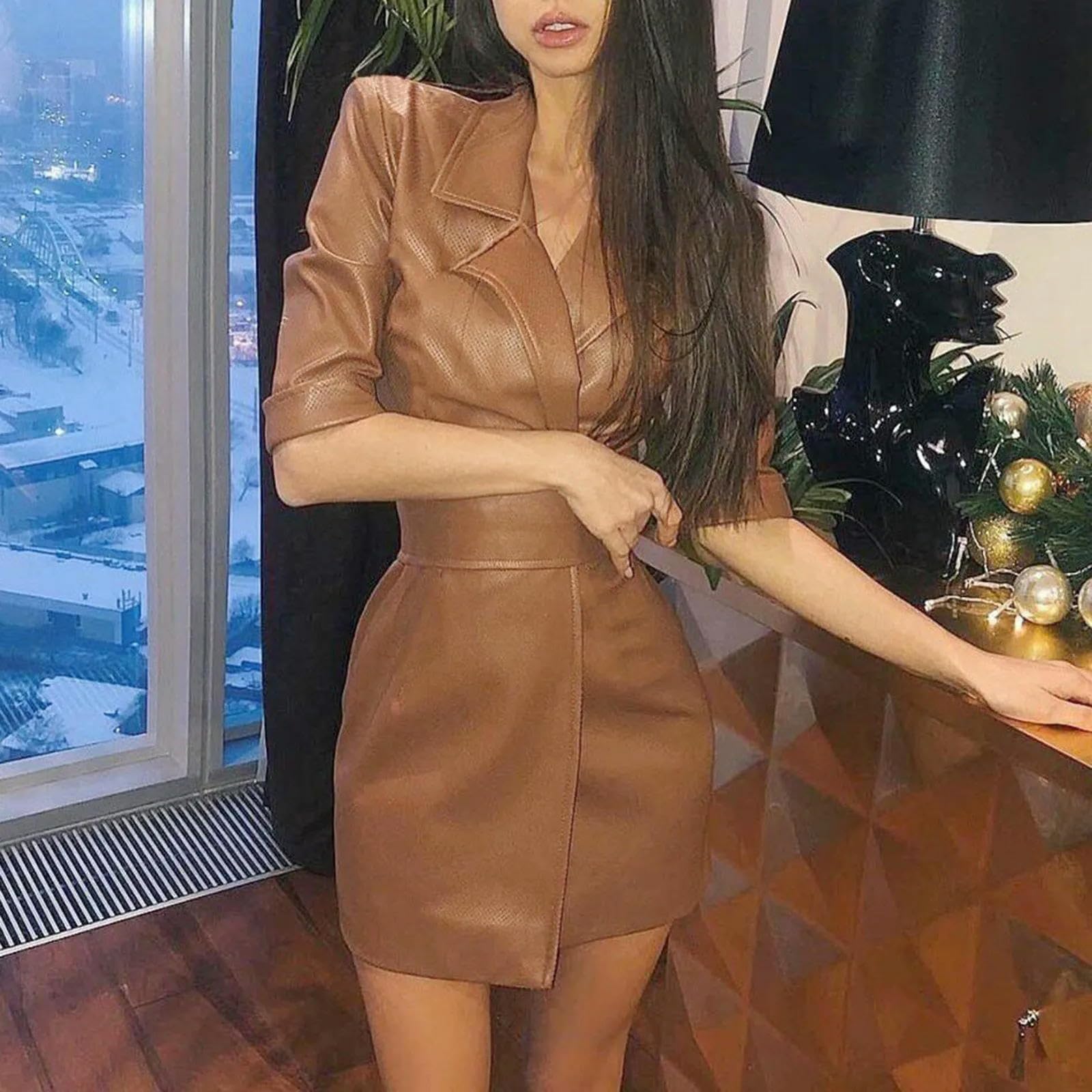 Vestido Elegante de Cuero de Invierno para Mujer, Minivestido Retro con Cuello Vuelto de Media Manga para Club Nocturno, Vestido Sexy Ajustado para Fiesta