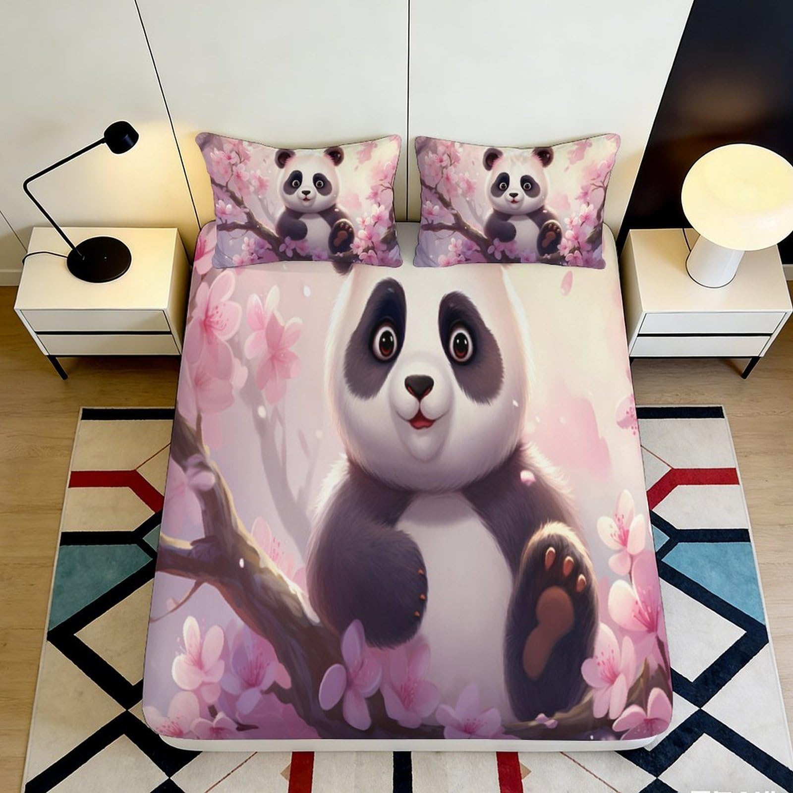 3D Printed Panda Blossom Fitted Sheet Microfiber Pink Cherry Bed Cover for Bedroom Guest Room Dorm Mattress Protection 140x200x25cm