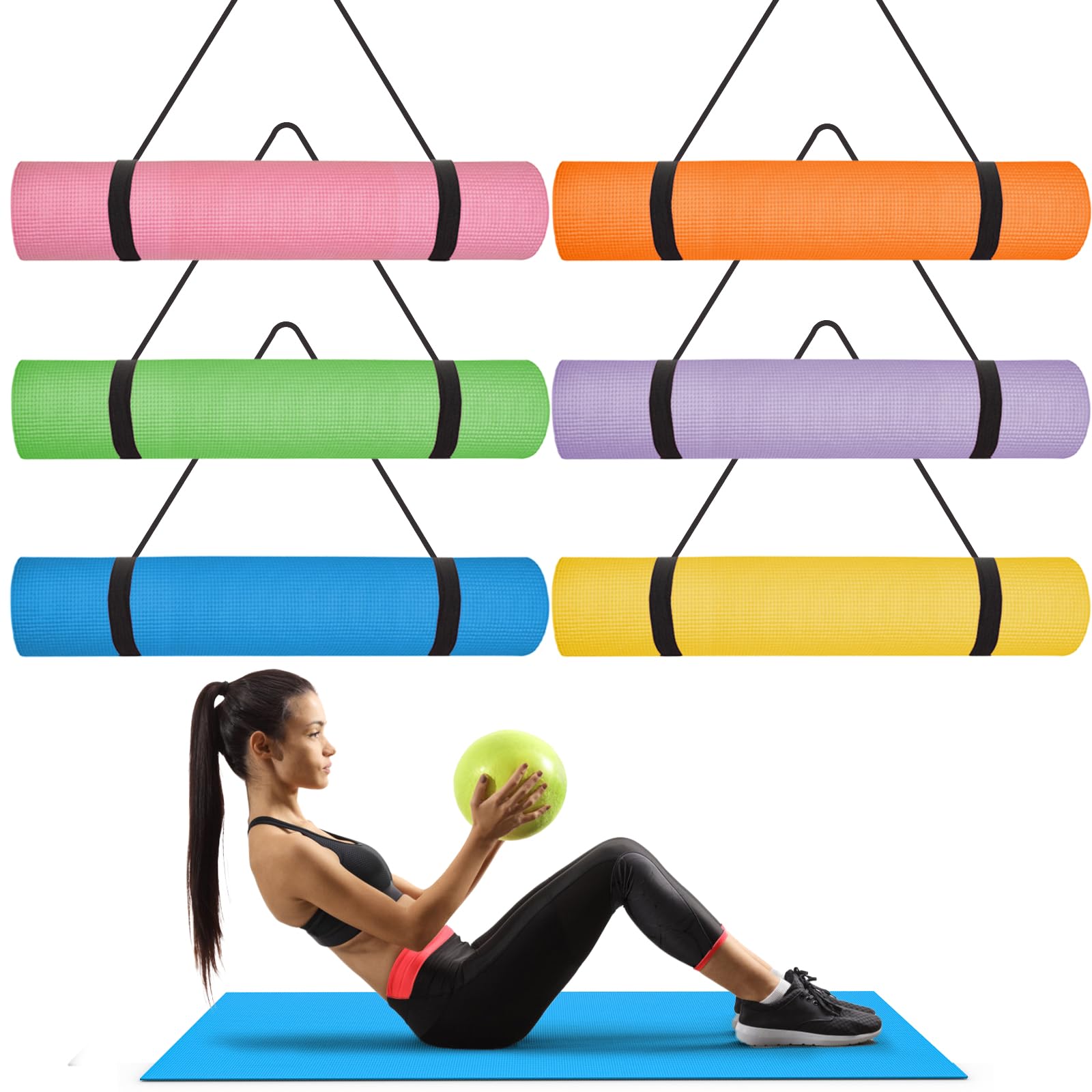 12 alfombrillas de yoga a granel con 12 correas de transporte, 173 x 61 x 0,4 cm, tapete de yoga con correa, tapete antideslizante para yoga, estiramiento, entrenamiento