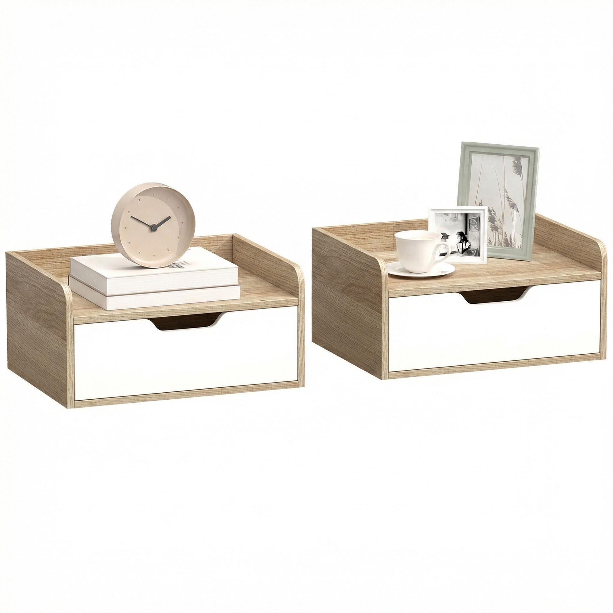 HOMCOM Lot de 2 Tables de Chevet murales, Tables de Nuit suspendues avec tiroir et Plateau à rebords surélevés, Style Moderne, pour Chambre à Coucher, Salon, 40 x 30 x 19,5 cm, Blanc et Bois Naturel
