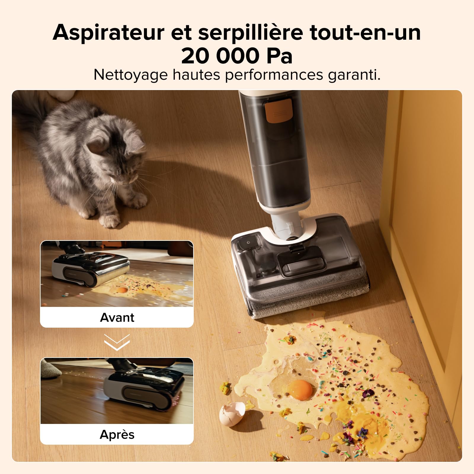 roborock F25 GT Aspirateur Laveur,Complete Nettoyeur de Sol 20 kPa,Aspirateur sans Fil Autonettoyage à Haute température de 90 °C, inclinable à 180° Nettoyage Deux Bords