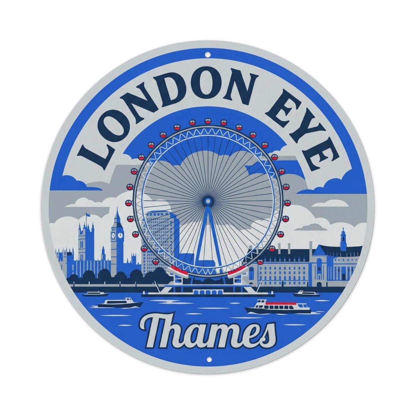 Vintage Travel London Eye Landmark Metal Tin Sign Plaque Wall Decor for Cafe, Club, Garden Round Metal Poster 8x8Inch