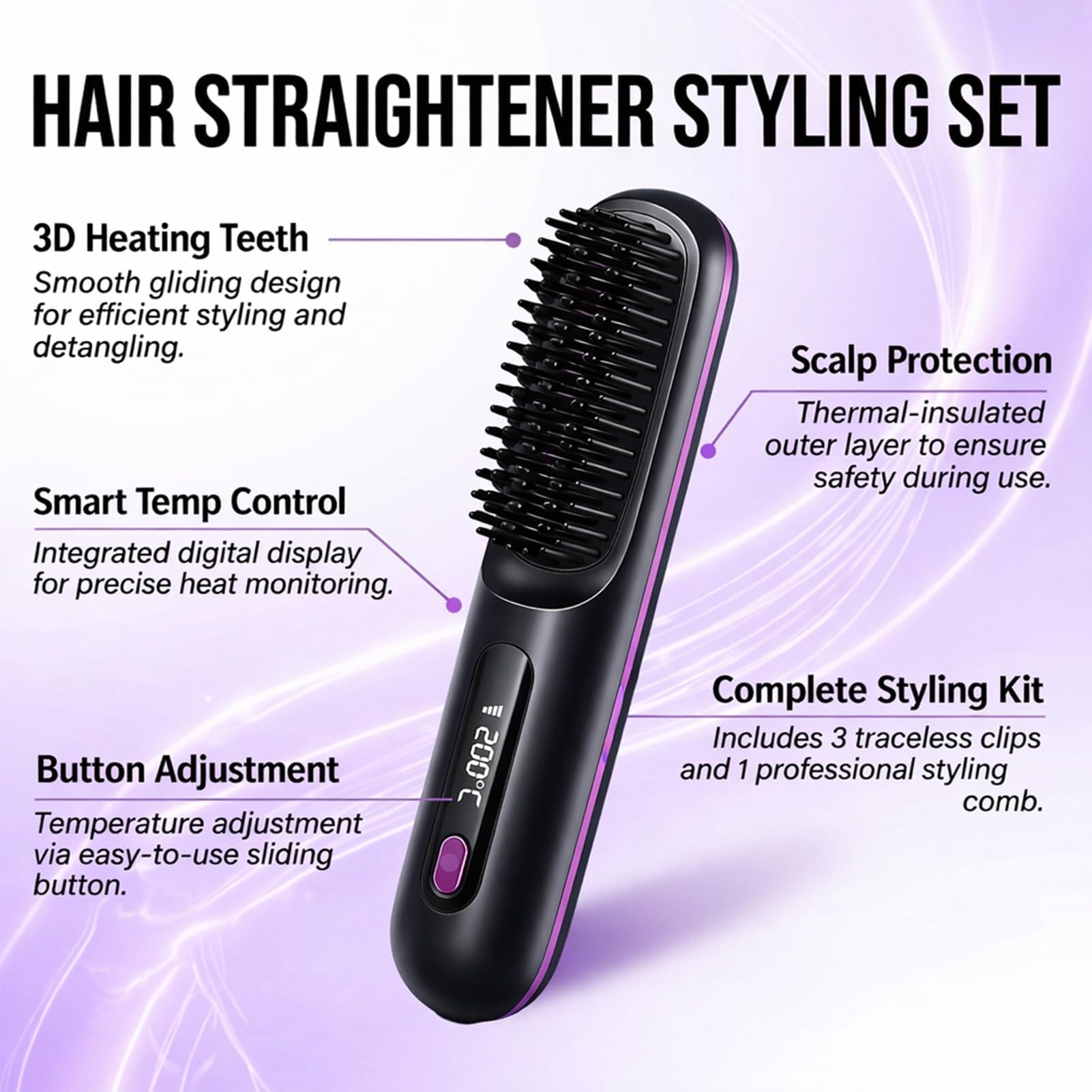 Cepillo Alisador Pelo Inalambrica, Escova Alisadora de Cabelo Iónico, Peine Alisador de Cabello Electrico Portátil, Recarga USB, con Pantalla LCD, 3 Modos Ajustable, 160-200°C, Mini Plancha Pelo — view 5