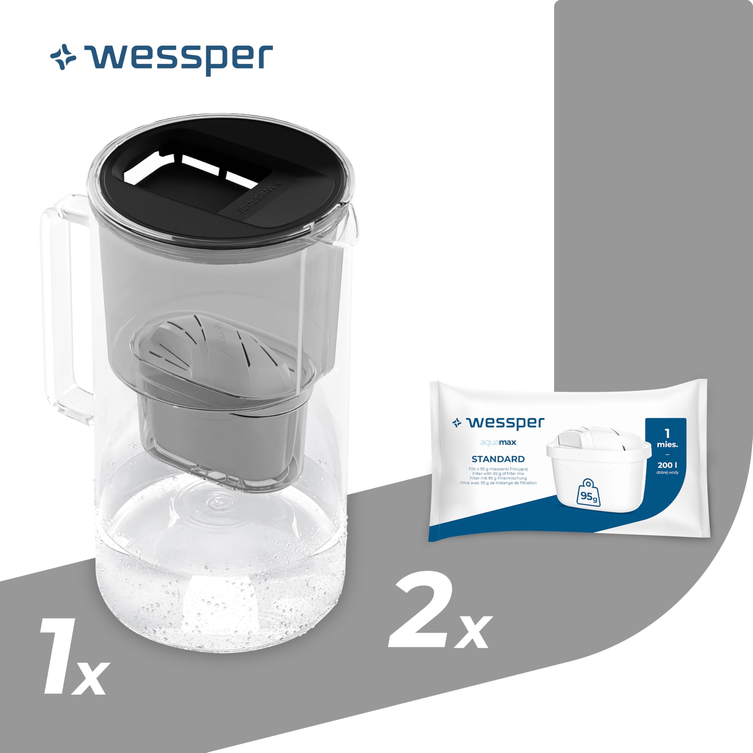 Wessper Carafe Filtrante en Verre 3L avec deux Filtres Eau, Compatibles avec Brita Maxtra, Brita Maxtra Plus, Kit Carafe avec 2 Cartouche Filtrante - Noir