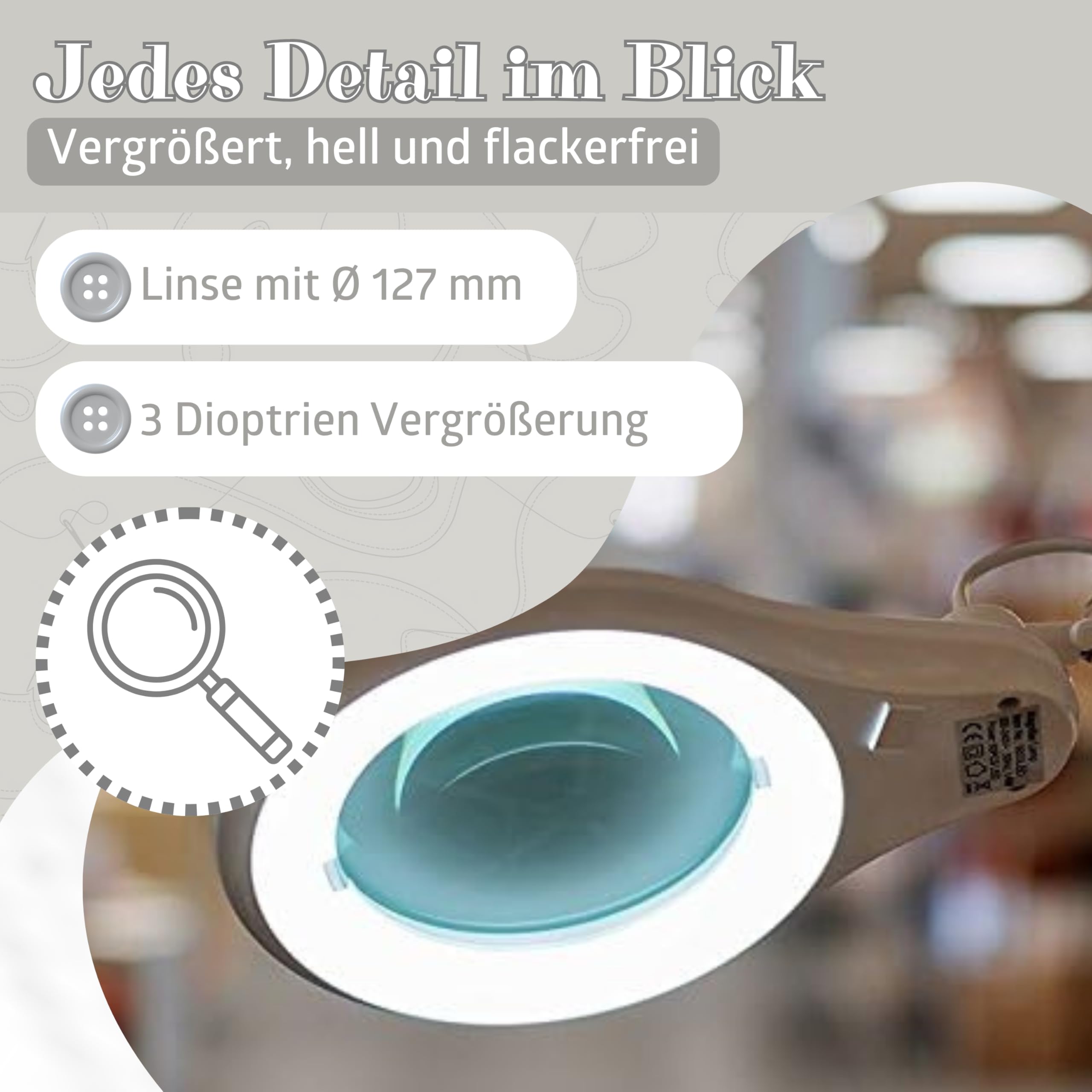SEMPLIX LED Tischleuchte, 60 weiße LEDs, weiß, Große Echtglas Lupe (Ø 127 mm, 3 Dioptrien), Tischlampe mit flexibel verstellbarem Schwenkarm, 4-fach Dimmbar, Nählampe, Leselampe, Kosmetiklampe