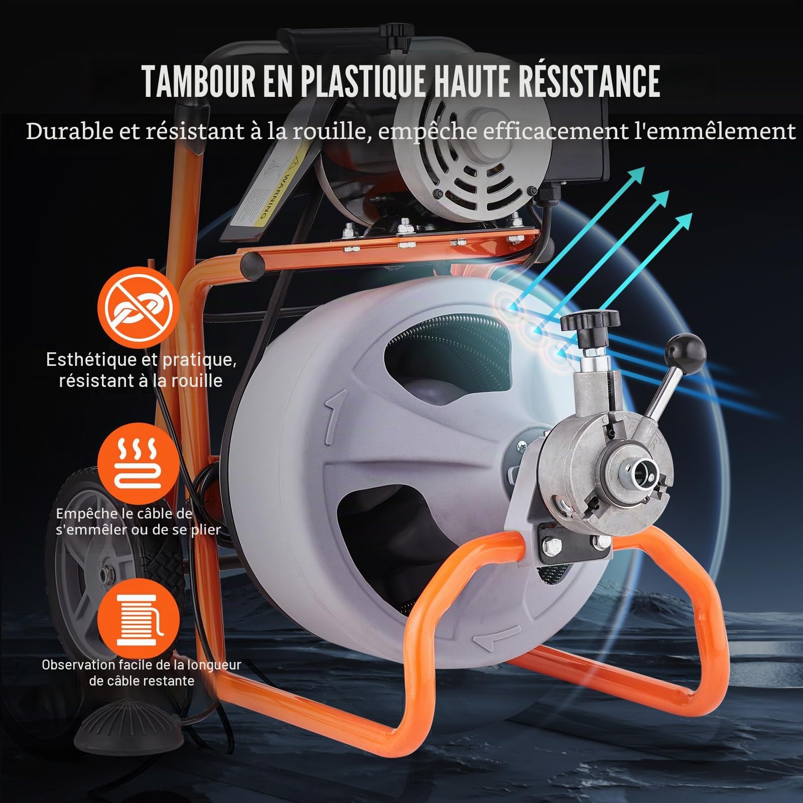 VEVOR Déboucheur Électrique de Canalisation 22,86 m x 0,95 cm Machine de Nettoyage Tuyaux sur Roues Alimentation Automatique Nettoyeur de Tubes, 8 Coupeurs, Commande à Pied par Air pour Tuyaux 5-10 cm