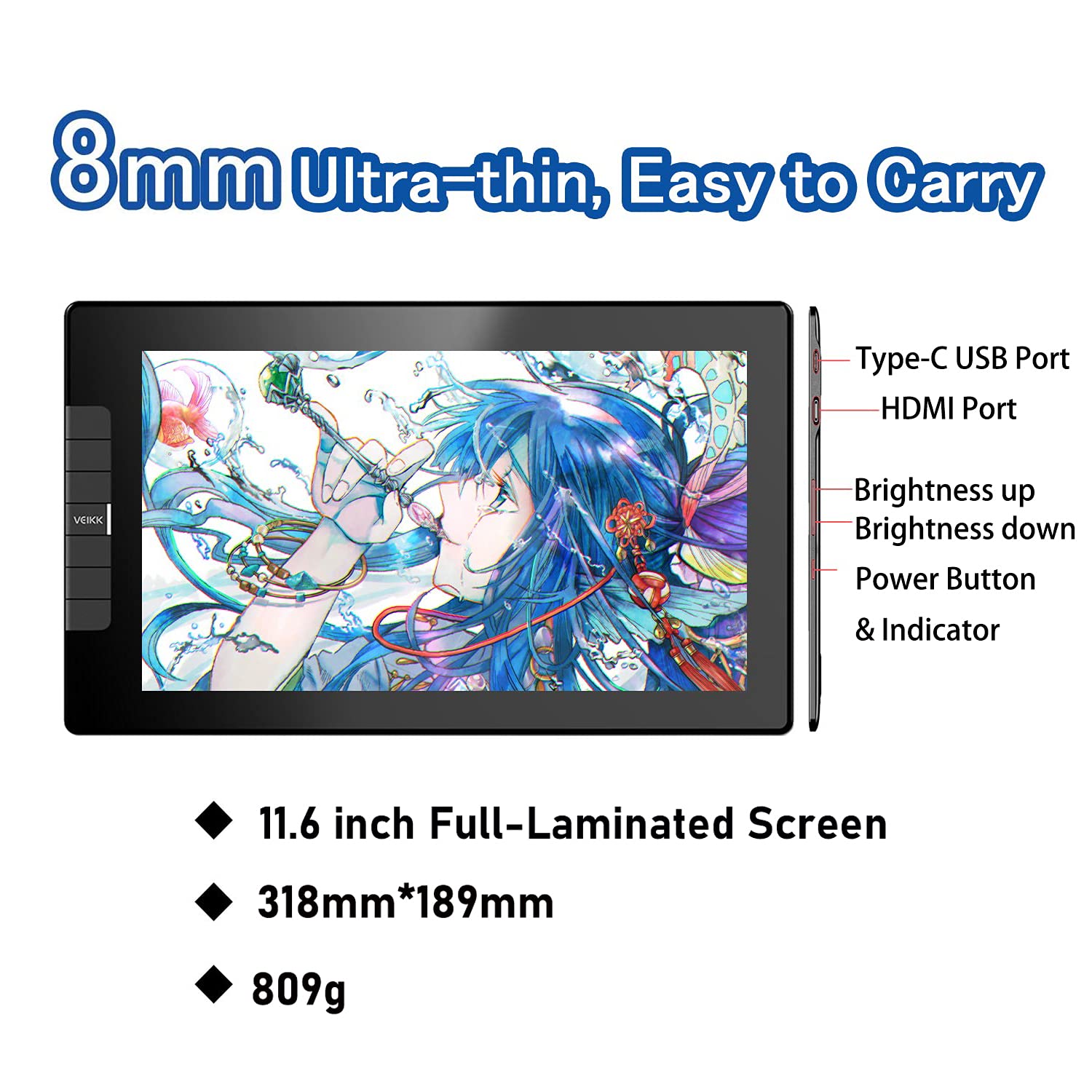 VEIKK VK1200 Drawing Tablet with Screen, 11.6 inch FullLaminated