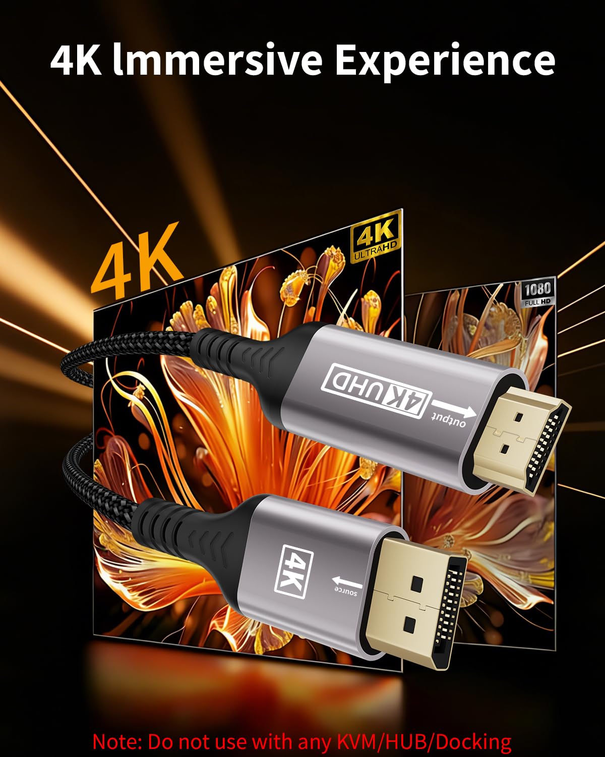 Câble DisplayPort vers HDMI 4K 2M, Unidirectionnel DP vers HDMI Mâle UHD 4K@30Hz/2K@60Hz/1080P@120Hz, Cordon DP vers HDTV en Nylon pour Dell, Vidéoprojecteur, PC de Bureau, NVIDIA, Lenovo, HP