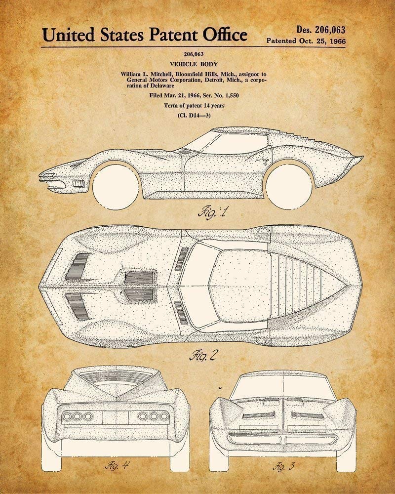 Original Corvette Patent Art Prints - Set of Four Photos (8x10) Unframed - Makes a Great Man Cave Decor and Gift Under $20 for Corvette Owners and Car Enthusiasts