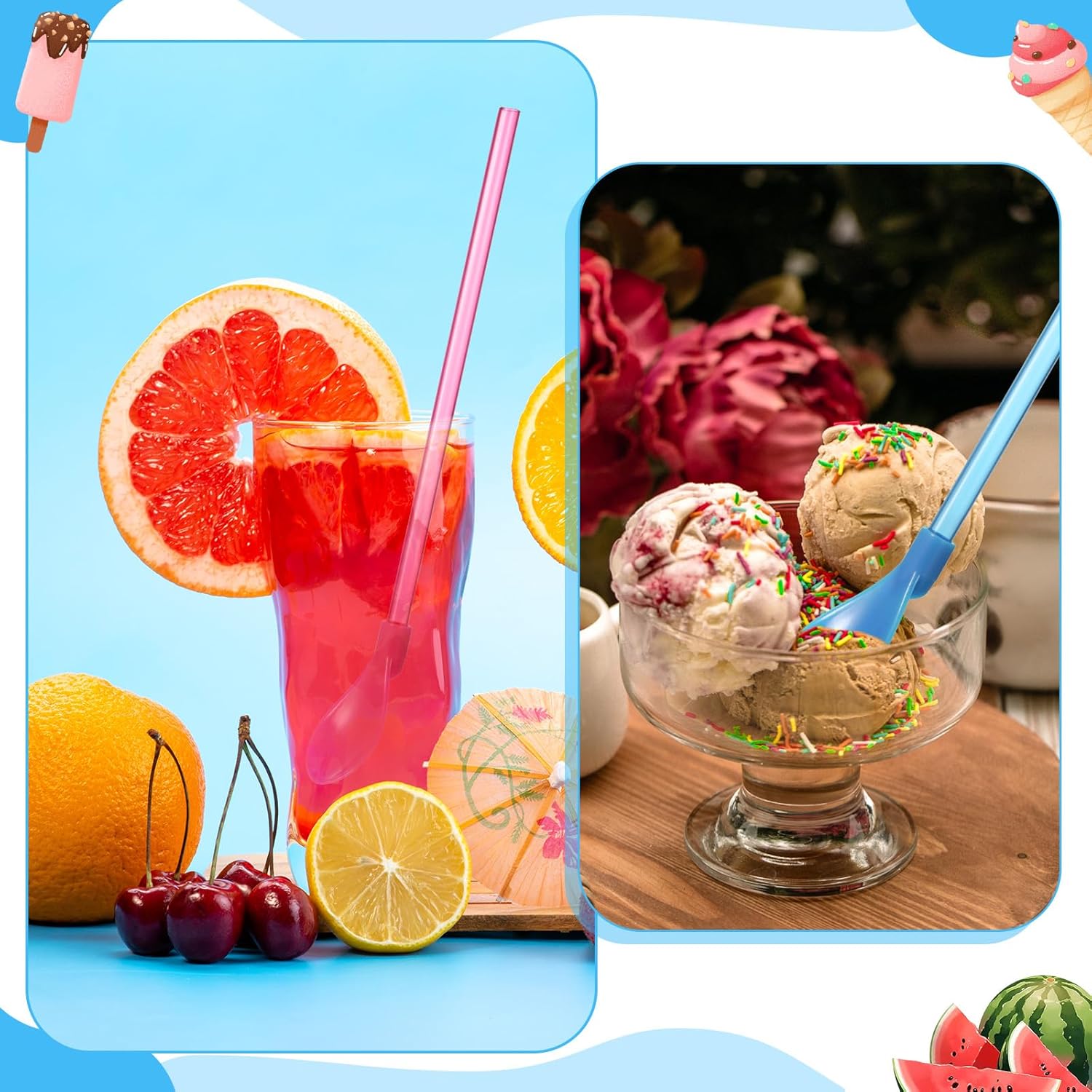 120 Pcs Reusable Plastic Spoon Straws, 9.3" Hard Snow Cone Spoon Straw – 2-in-1 Detachable Straw Spoons for Smoothies, Milkshakes, Ice Cream & Coffee (Mixed Colors)