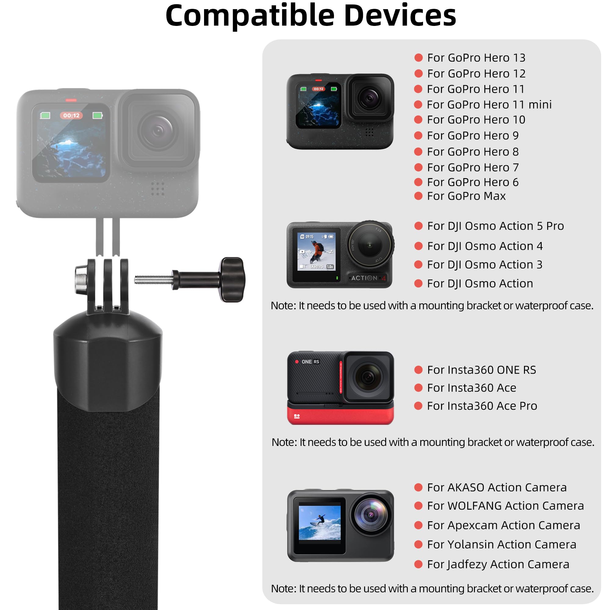 Empuñadura Flotante para GoPro, Palo Impermeable + Mini trípode (Juego de accesorios) Compatible con GoPro Hero 13/12/11/10/9/8/7/6/Max, DJI Osmo Action, AKASO, WOLFANG y otras cámaras de acció