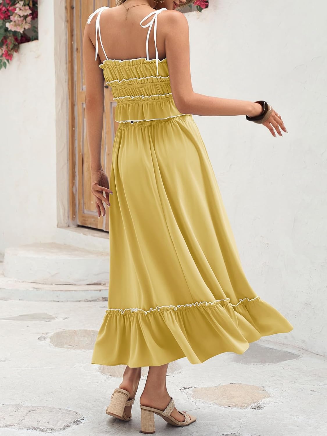 Wenrine Women's Summer 2 Piece Skirt Sets Casual Spaghetti Straps Cropped Cami Ruffle Maxi Skirt Flowy Beach Outfit Yellow - Image 3